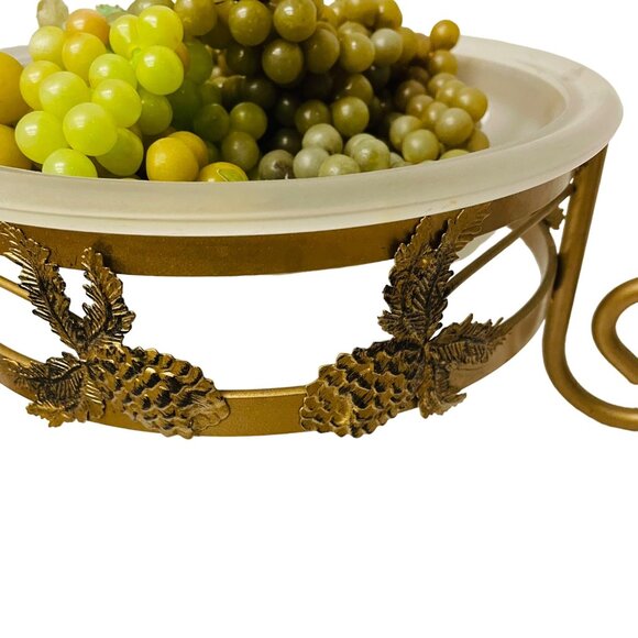 Vintage Brass Glass Fruit Bowl with Decorative Grapes Pinecone Design Elegant Ho - Picture 3 of 9